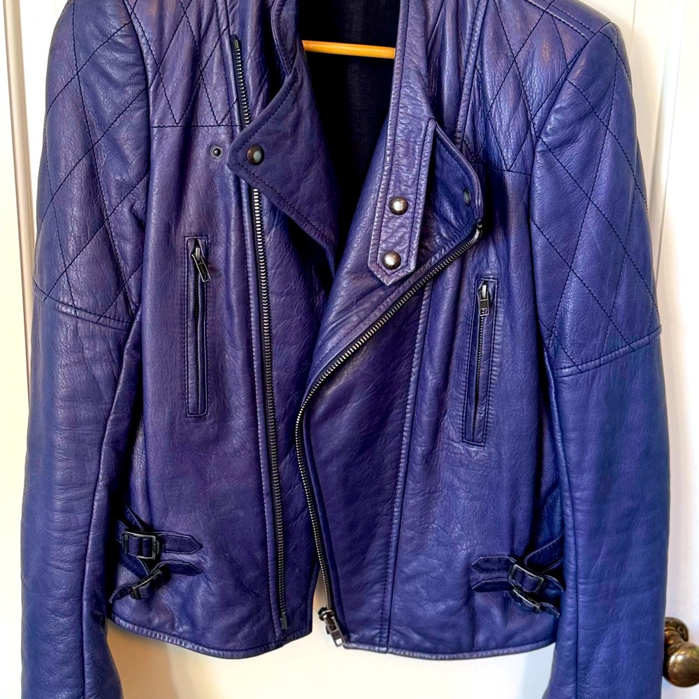 Joseph zip front leather motorcycle jacket blue size 8